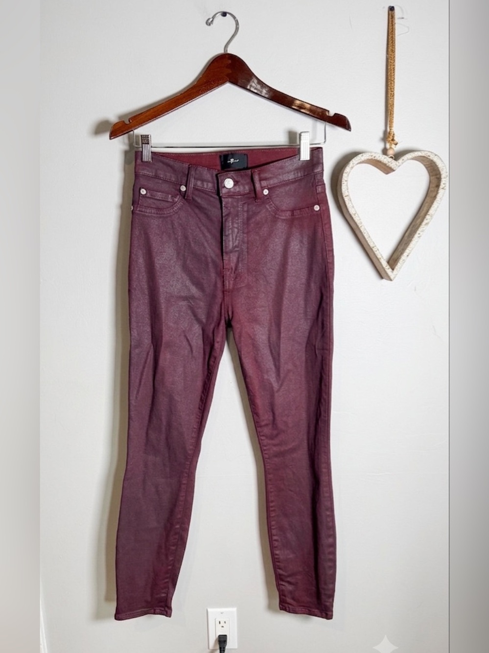 7 for All Mankind Coated Skinny Jeans Burgundy Wine Red Waxed Denim Size 27